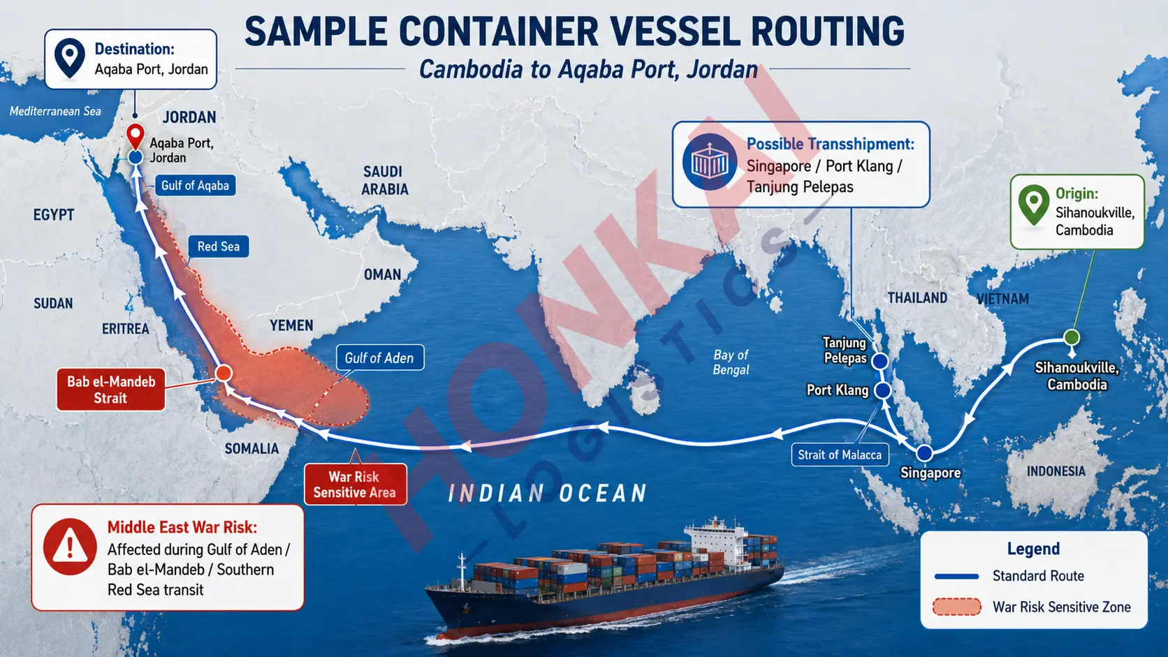 Container vessel route from Cambodia to Aqaba Jordan